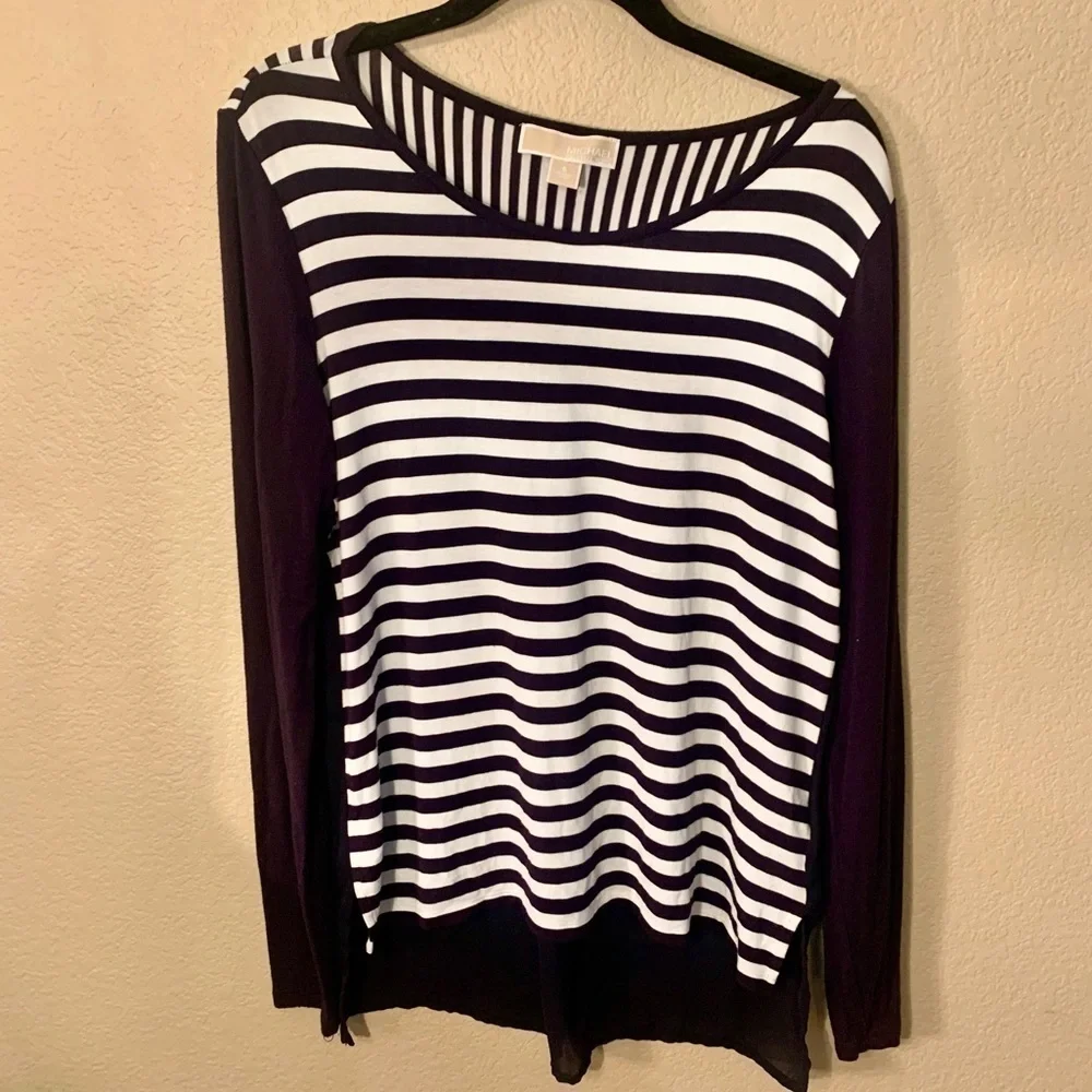 MK Michael Kors Tunic Top Small Navy Blue White Striped Front Sheer Back